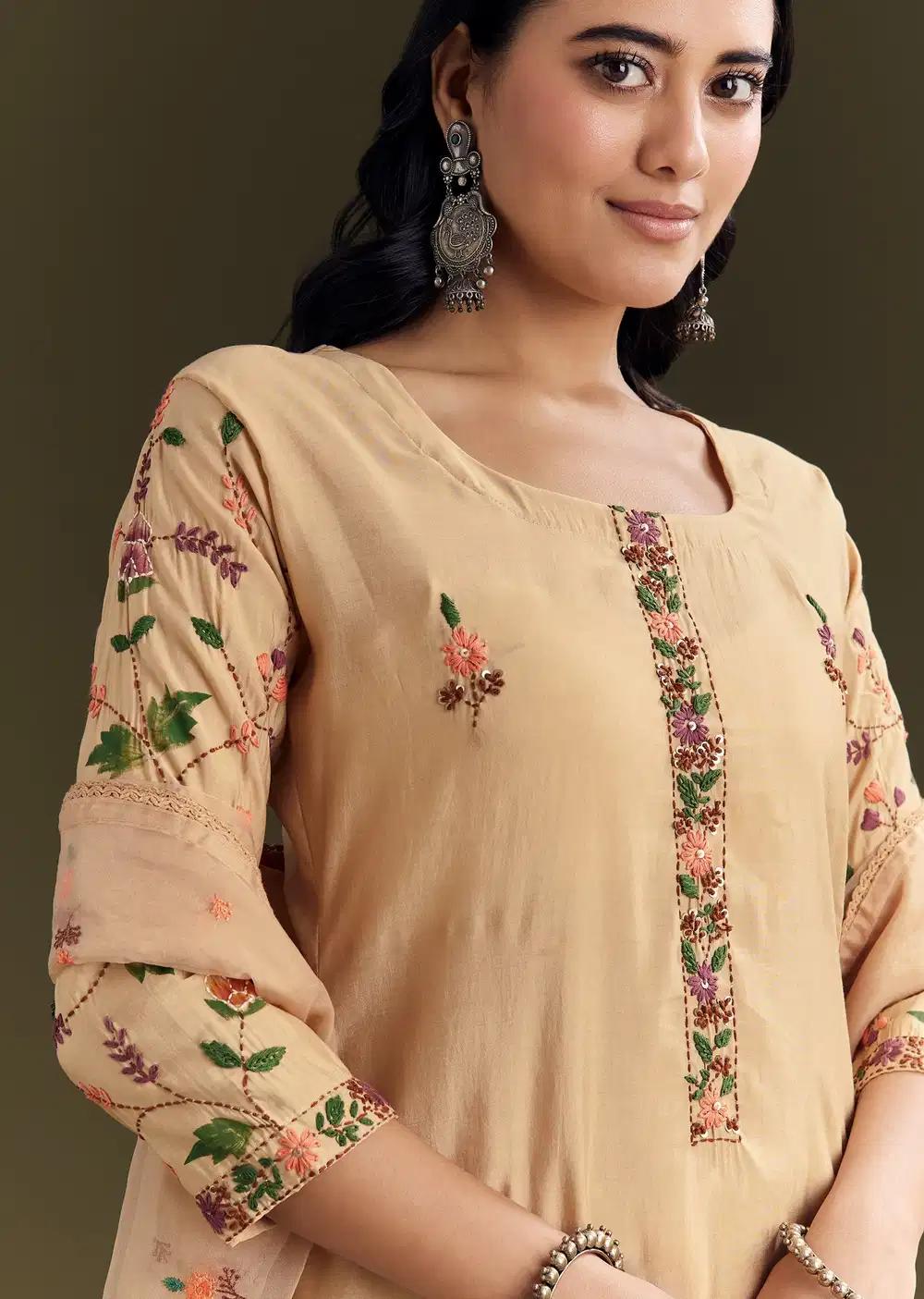 Beige Modal Threadwork Kurta Pant Ensemble With Hand Painting Outfit