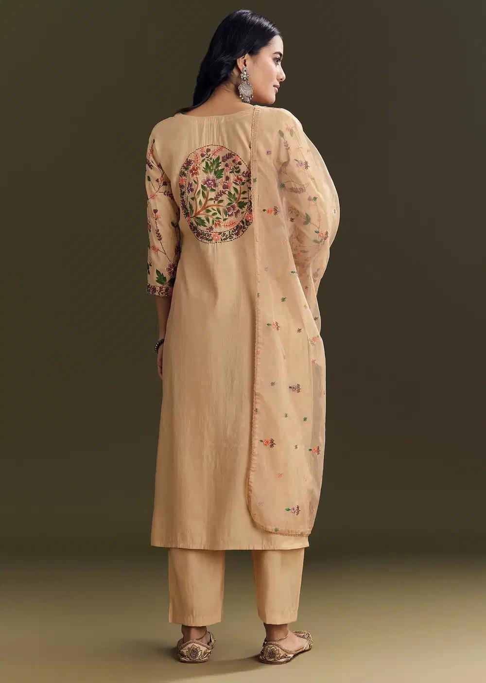 Beige Modal Threadwork Kurta Pant Ensemble With Hand Painting Outfit