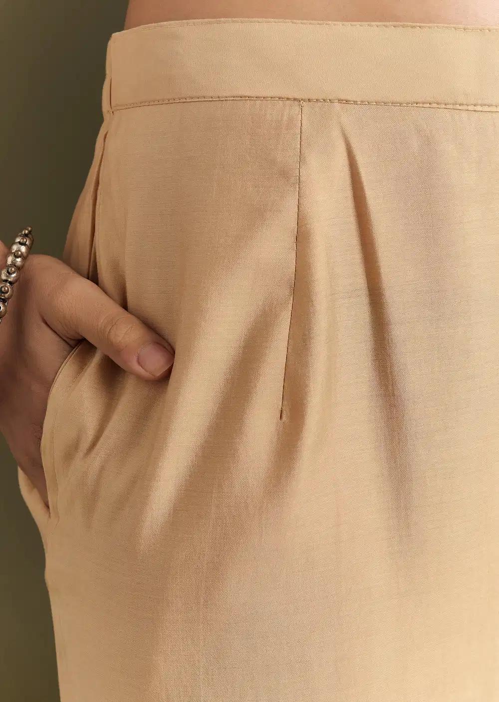 Beige Modal Threadwork Kurta Pant Ensemble With Hand Painting Outfit