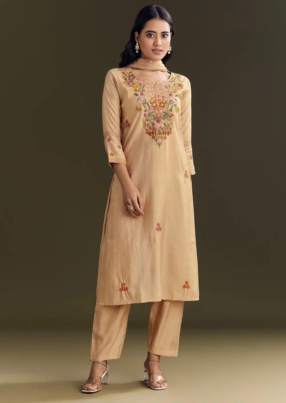 Beige Modal Threadwork Kurta Pant With Resham Organza Dupatta Outfit