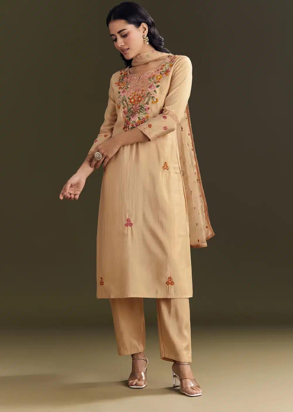 Beige Modal Threadwork Kurta Pant With Resham Organza Dupatta Outfit