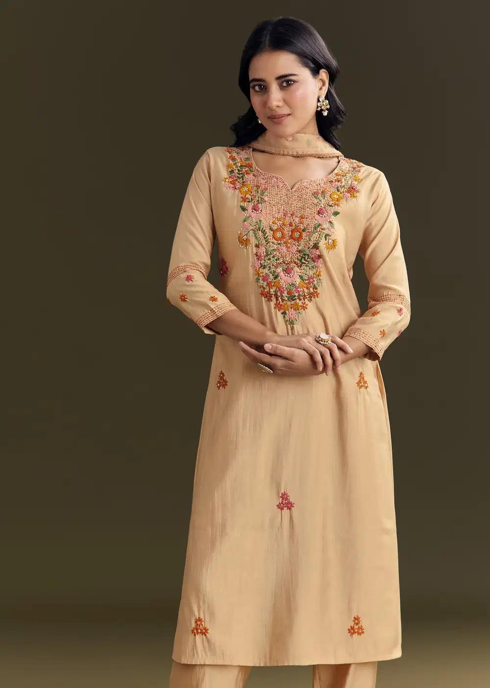 Beige Modal Threadwork Kurta Pant With Resham Organza Dupatta Outfit