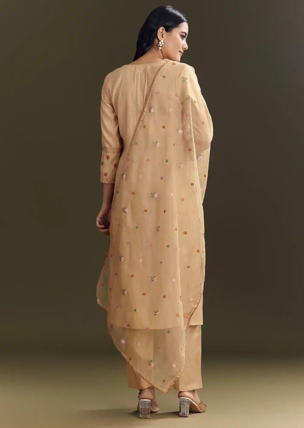 Beige Modal Threadwork Kurta Pant With Resham Organza Dupatta Outfit