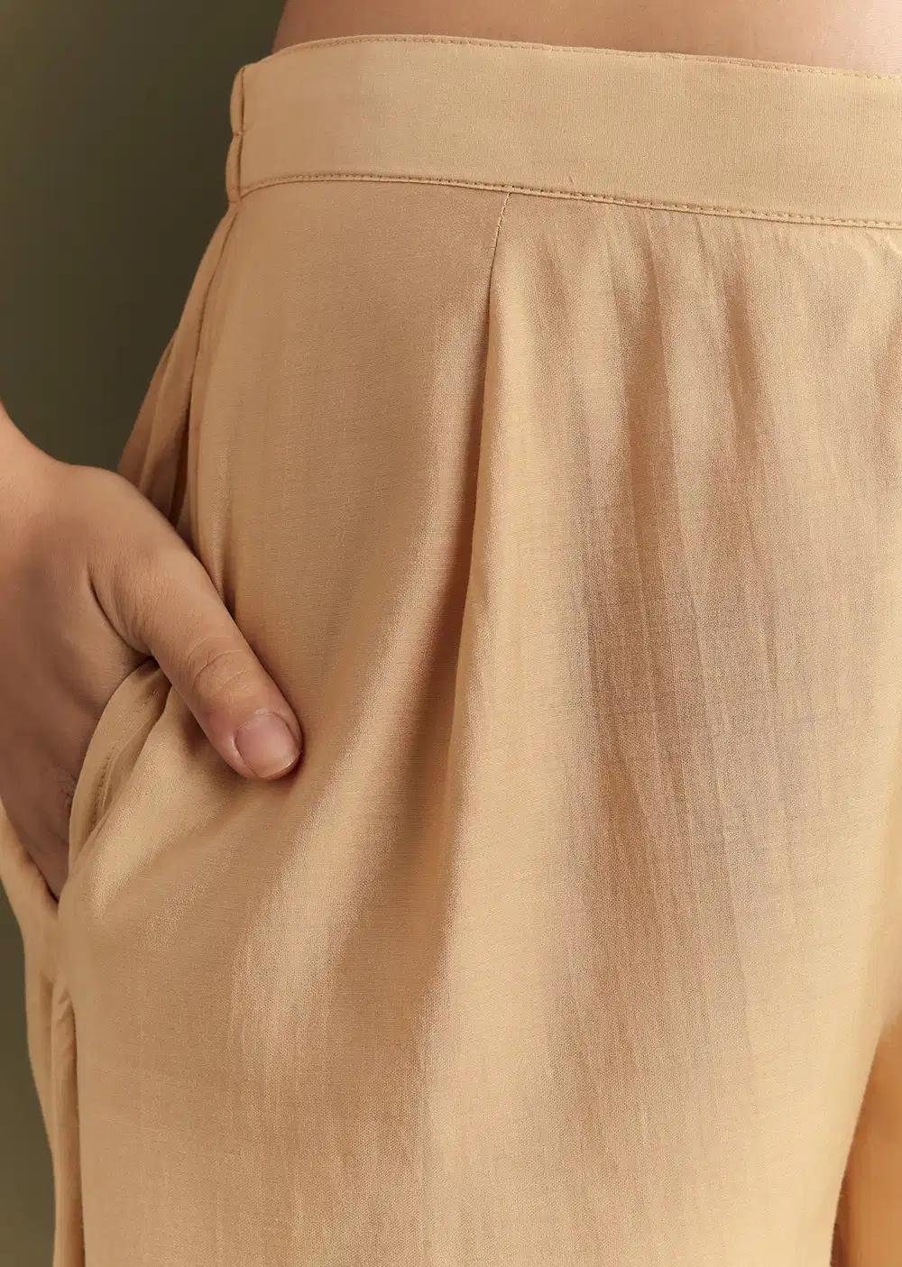 Beige Modal Threadwork Kurta Pant With Resham Organza Dupatta Outfit