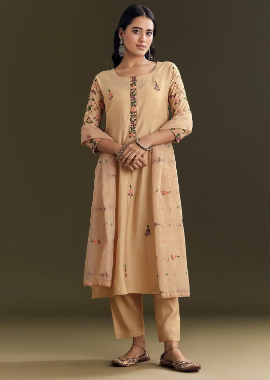 Beige Modal Threadwork Tunic Trouser Ensemble Featuring Hand Painting