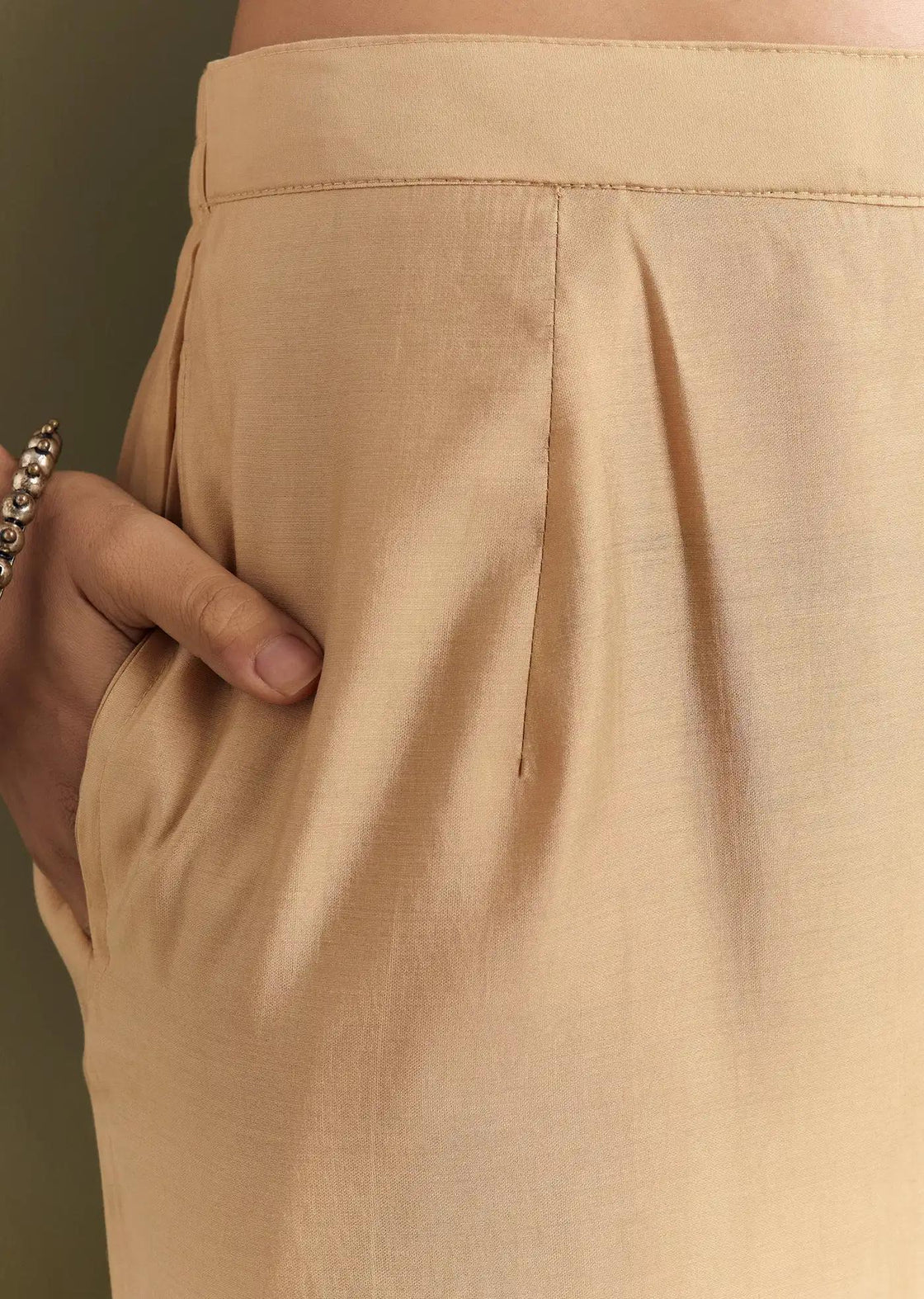 Beige Modal Threadwork Tunic Trouser Ensemble Featuring Hand Painting