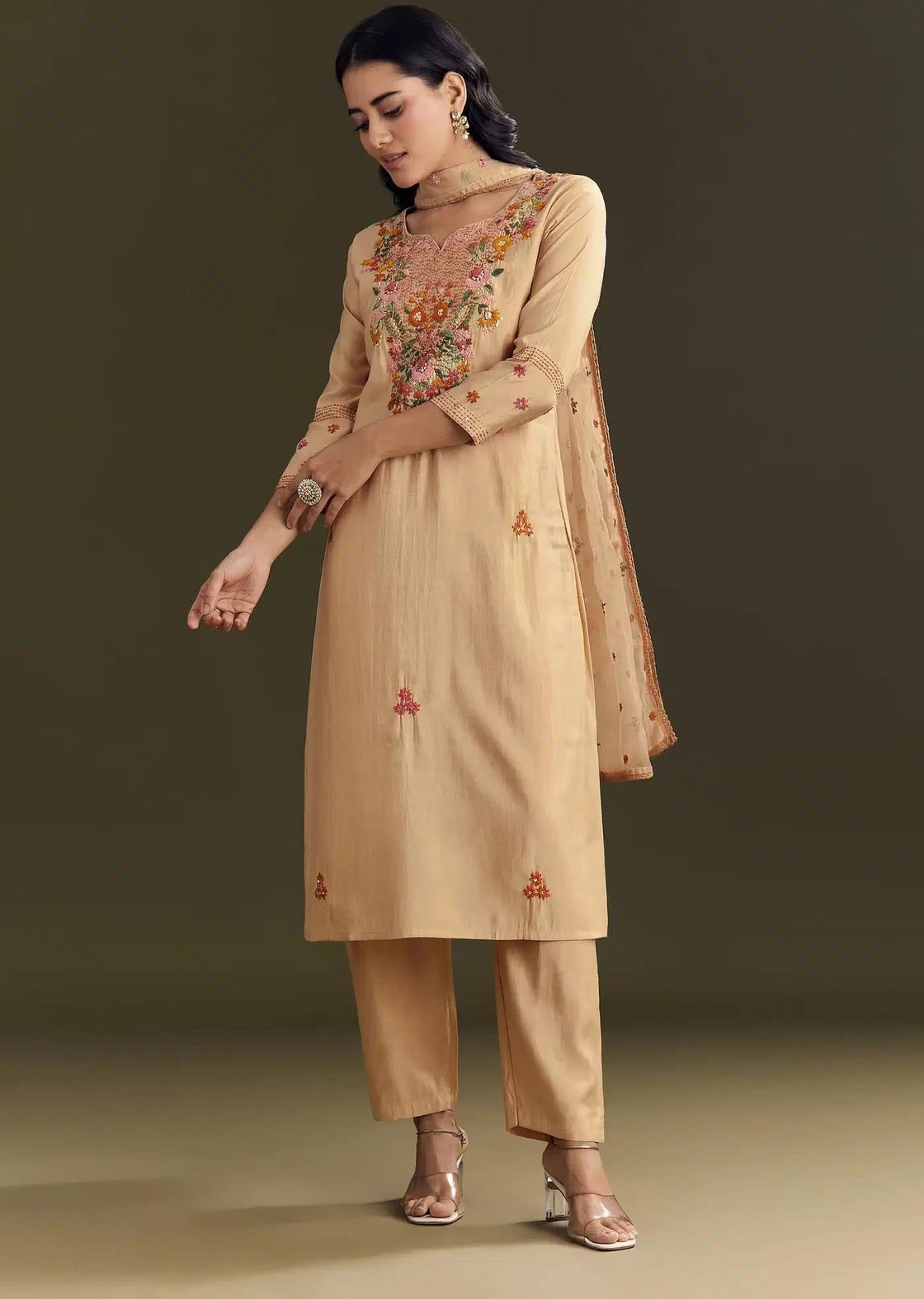 Beige Modal Threadwork Tunic Trouser Featuring Resham Organza Drape