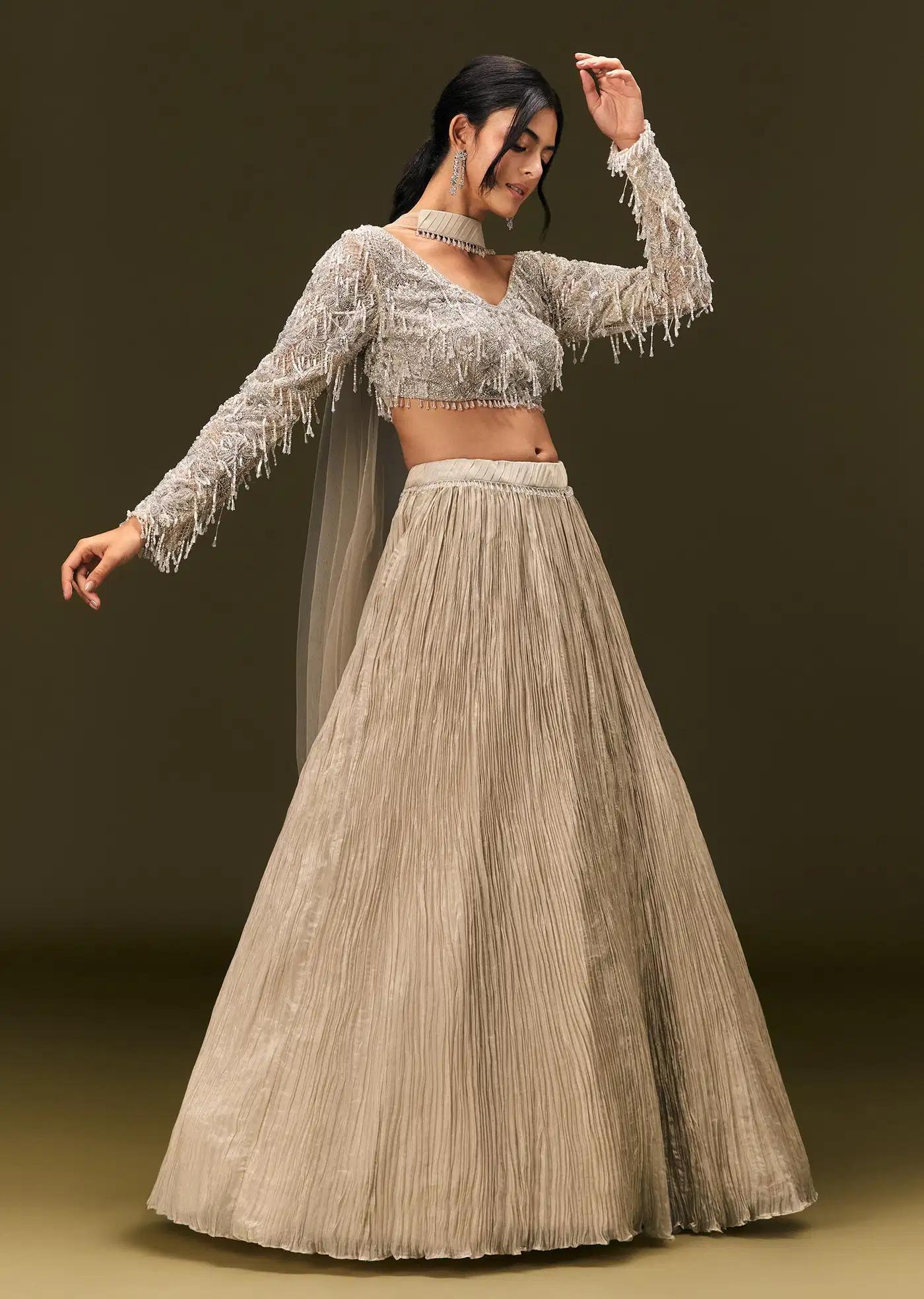 Beige Net Handcrafted Blouse Featuring Ruched Lehenga Skirt Choker Drape