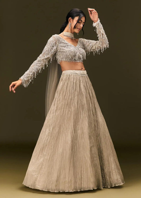 Beige Net Handcrafted Blouse Featuring Ruched Lehenga Skirt Choker Drape