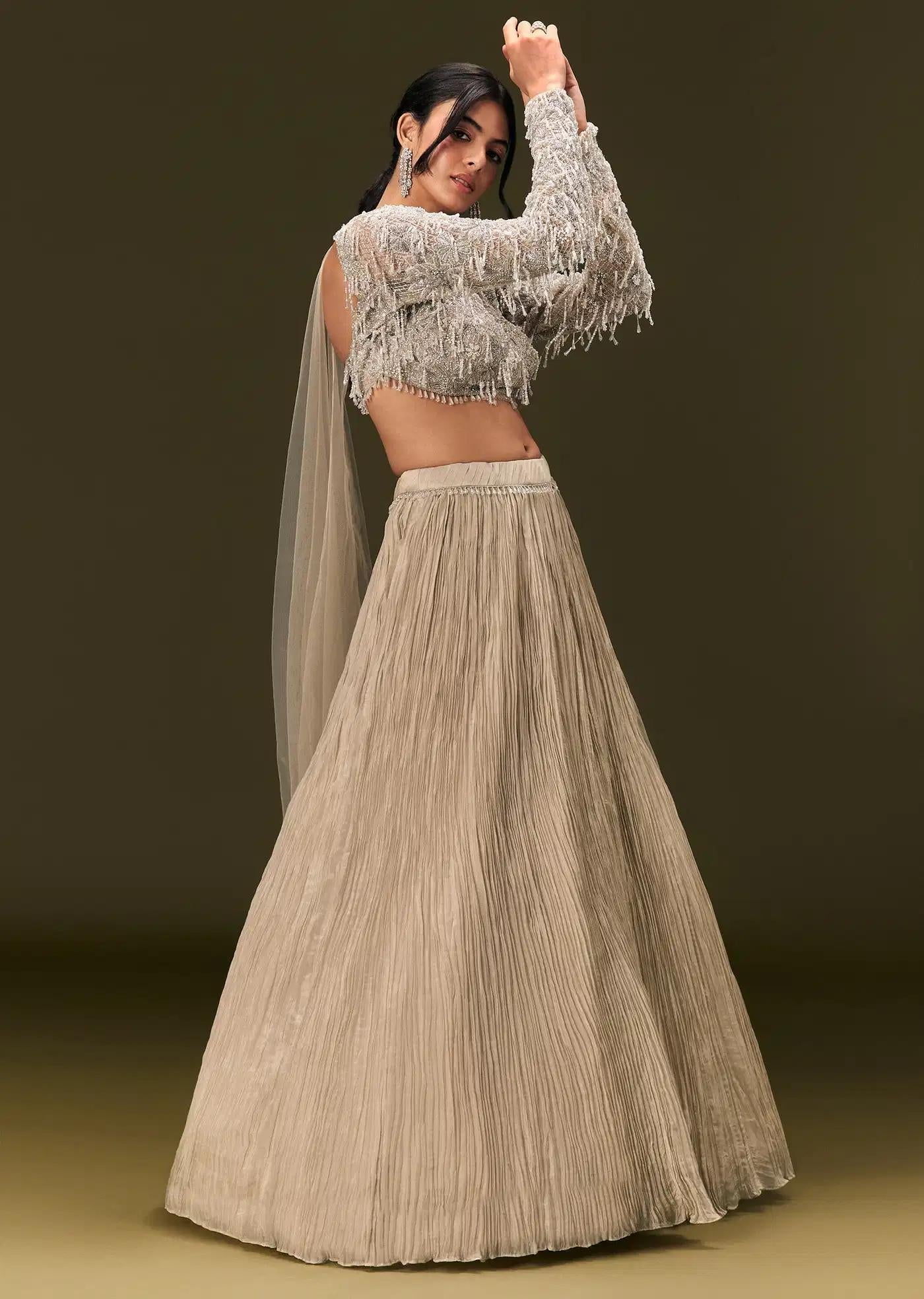 Beige Net Handcrafted Blouse Featuring Ruched Lehenga Skirt Choker Drape