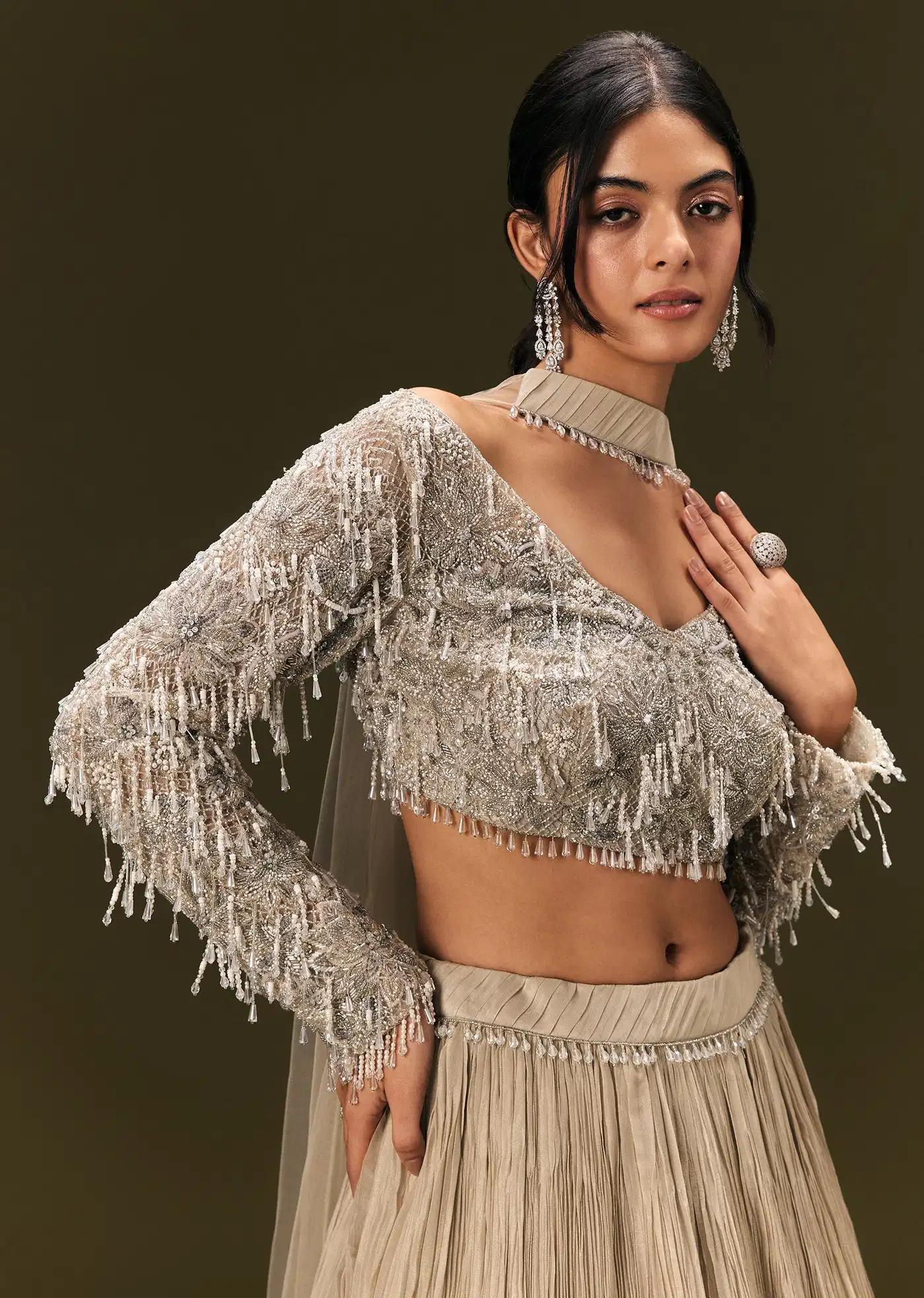 Beige Net Handcrafted Blouse Featuring Ruched Lehenga Skirt Choker Drape