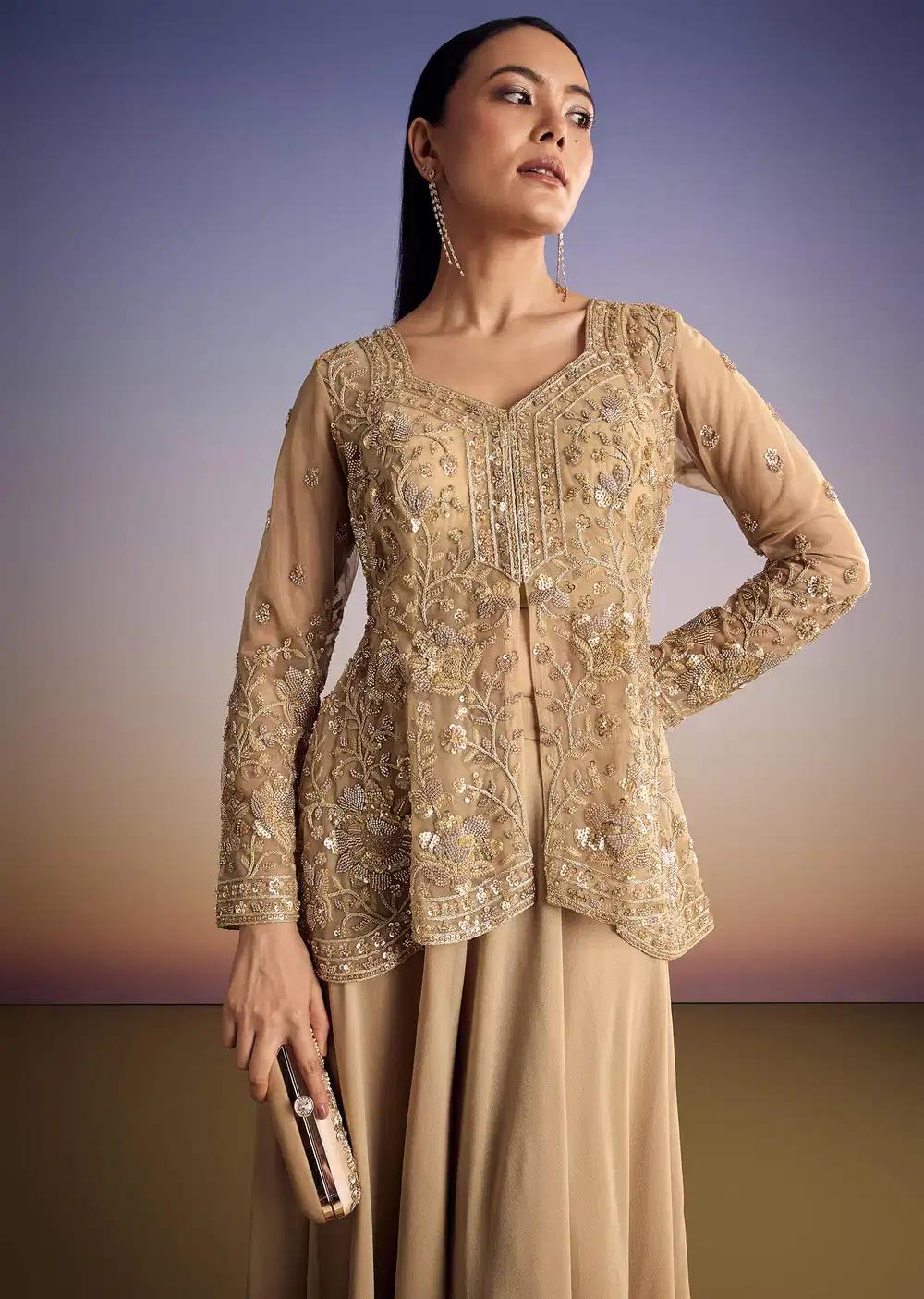 Beige Net Kurta Set With Sequins And Bead Peplum Detail