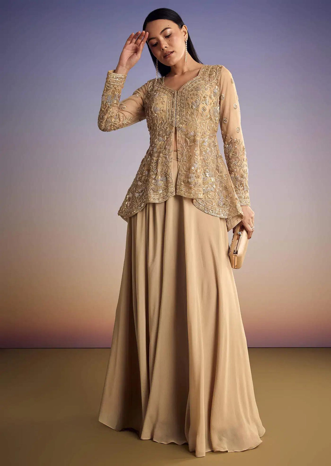 Beige Net Kurta Set With Sequins And Bead Peplum Detail