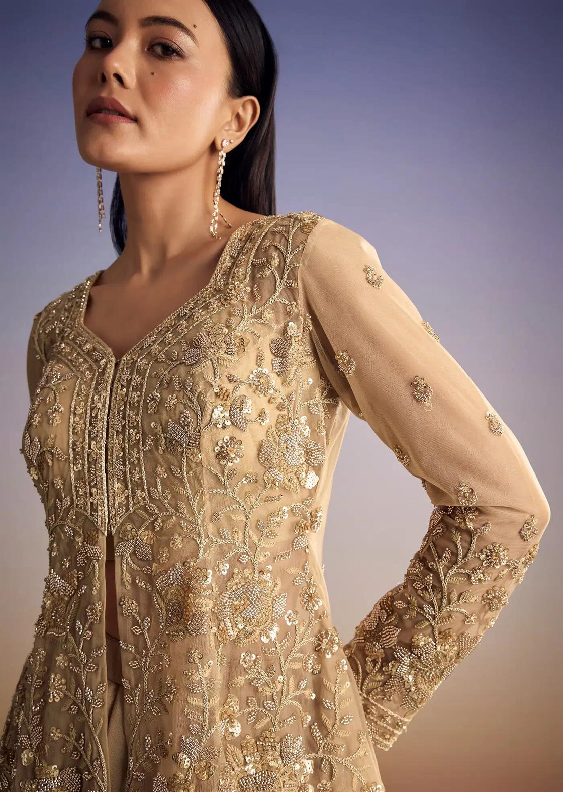 Beige Net Kurta Set With Sequins And Bead Peplum Detail