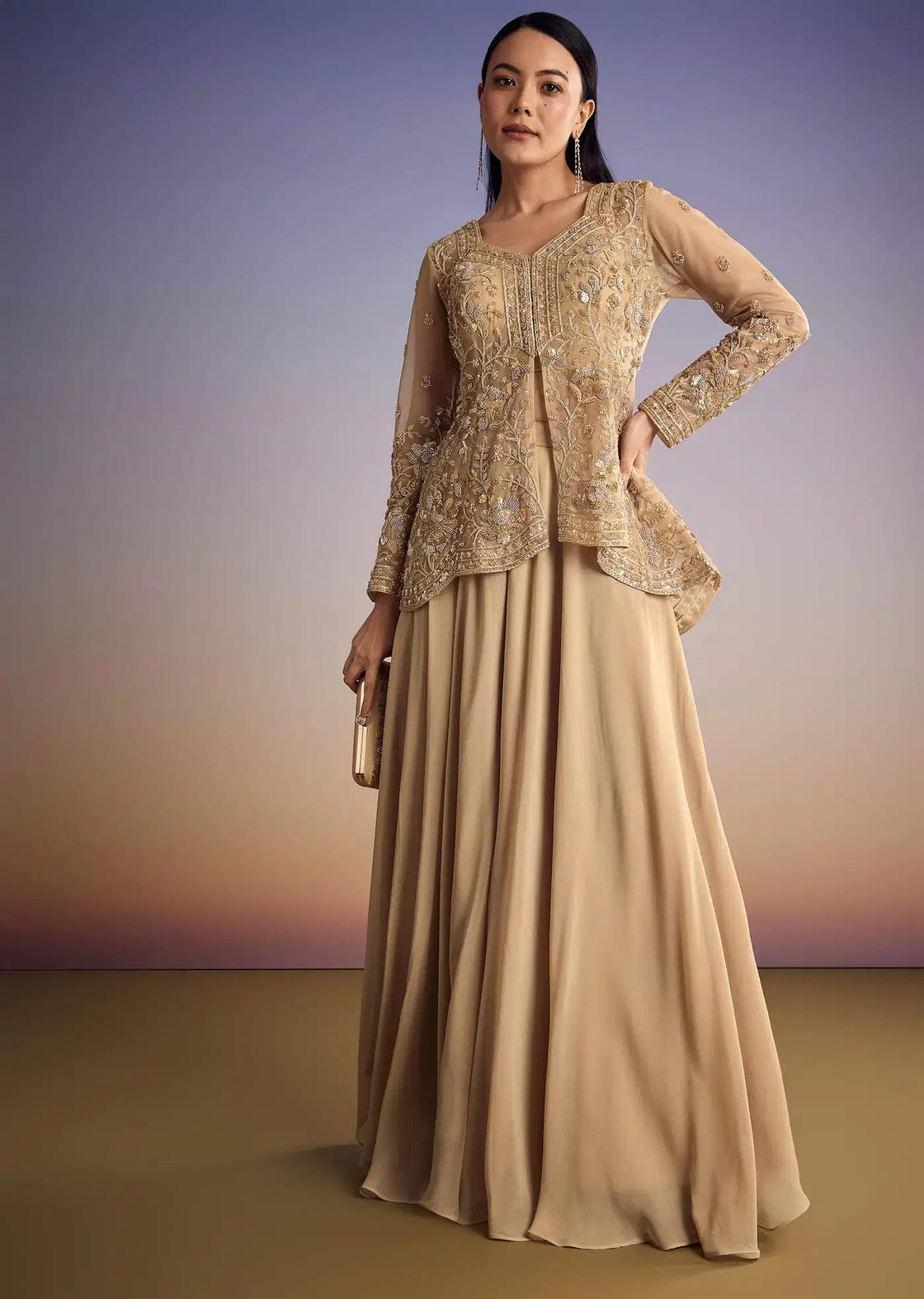Beige Net Kurta Set With Sequins And Bead Peplum Detail