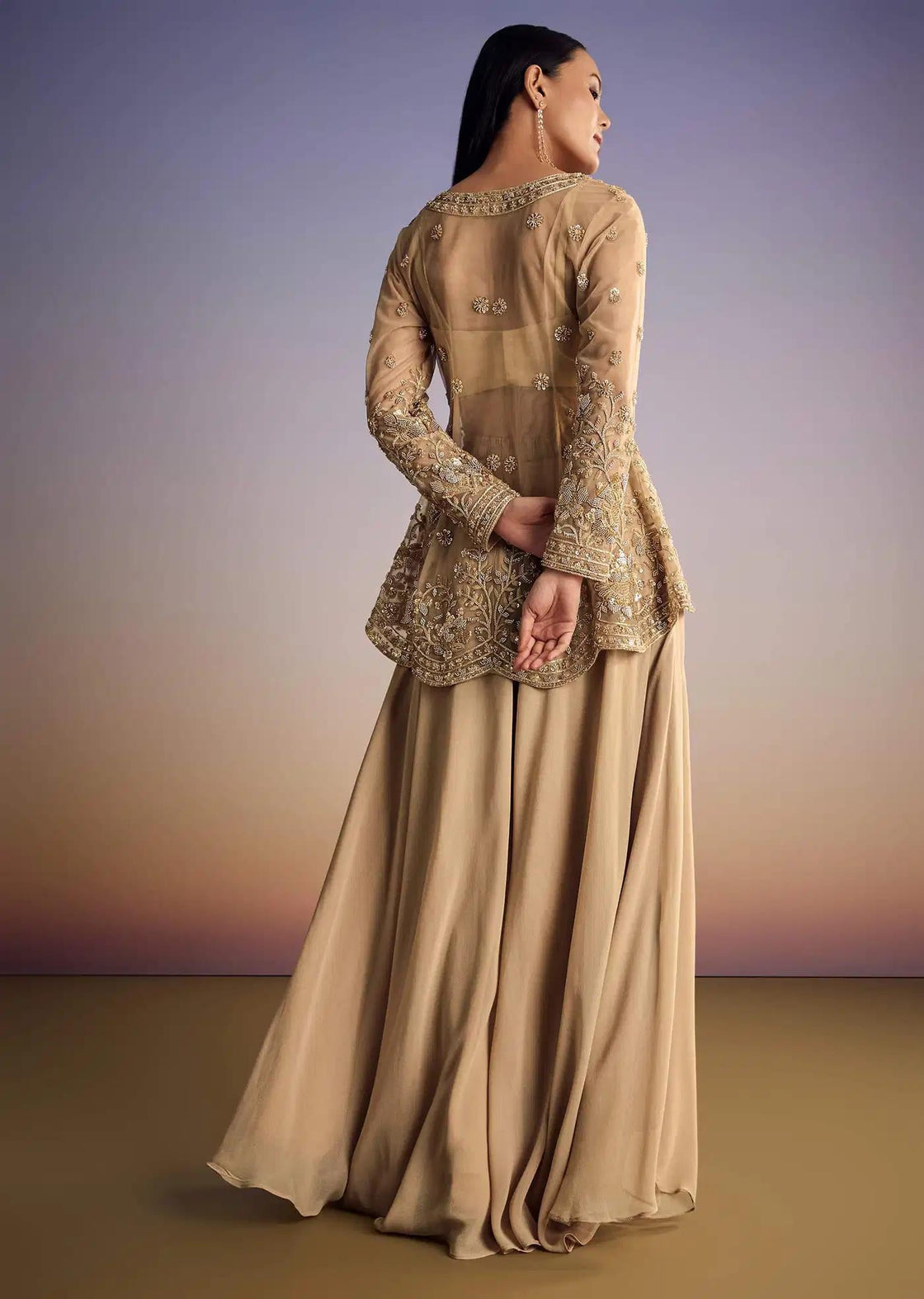 Beige Net Kurta Set With Sequins And Bead Peplum Detail