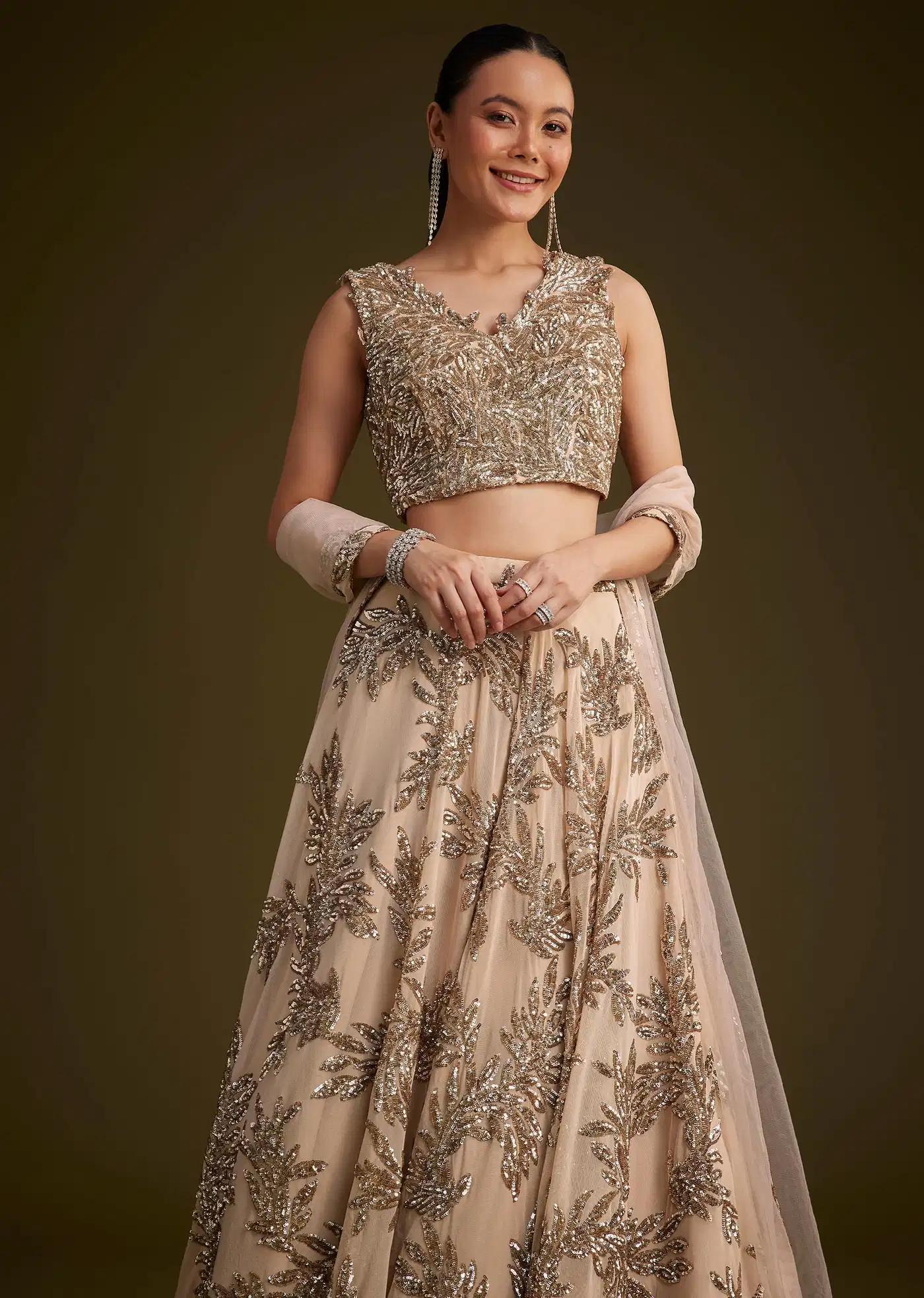 Beige Net Lehenga Skirt Ensemble Featuring Sequins Drape