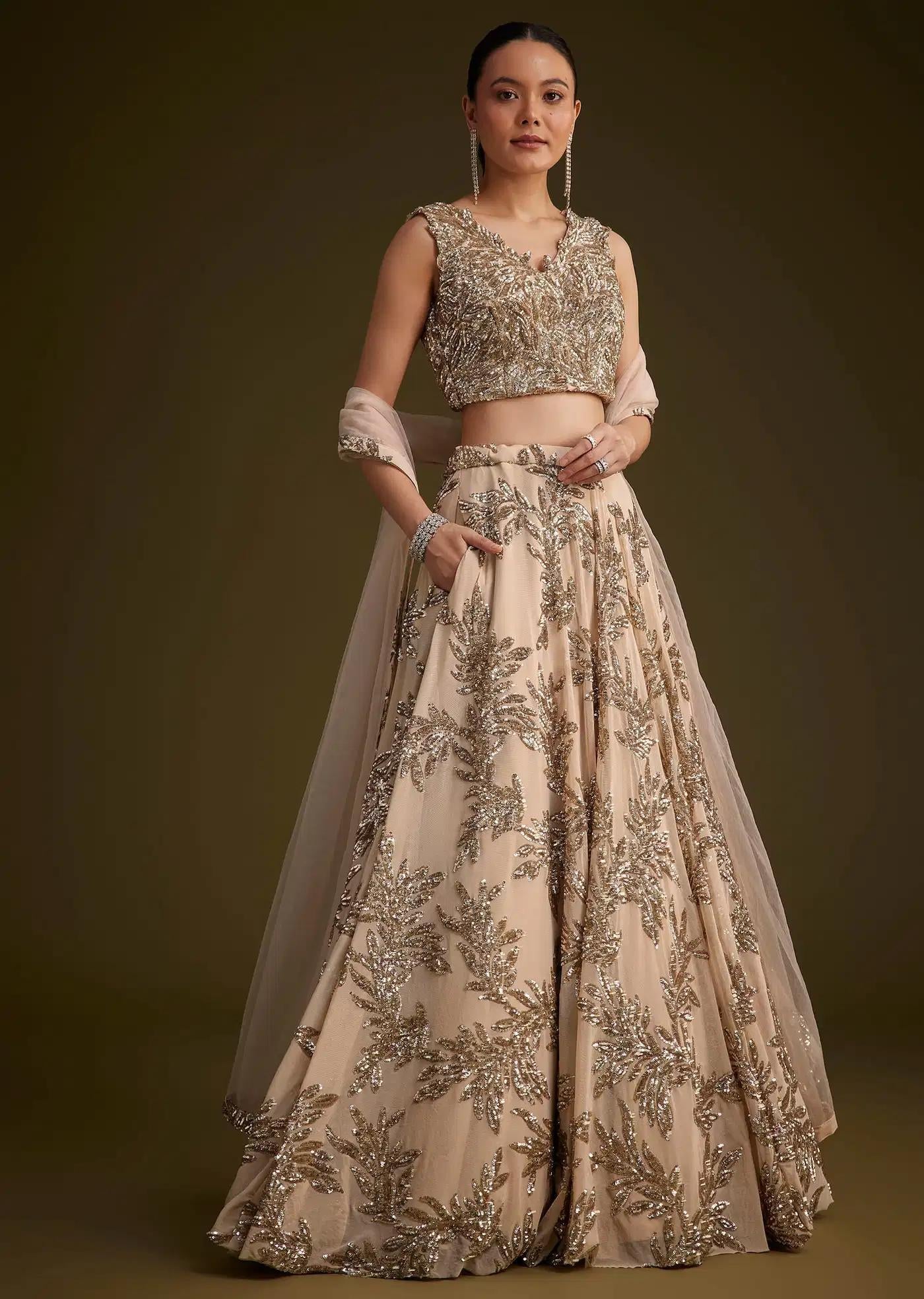 Beige Net Lehenga Skirt Ensemble Featuring Sequins Drape