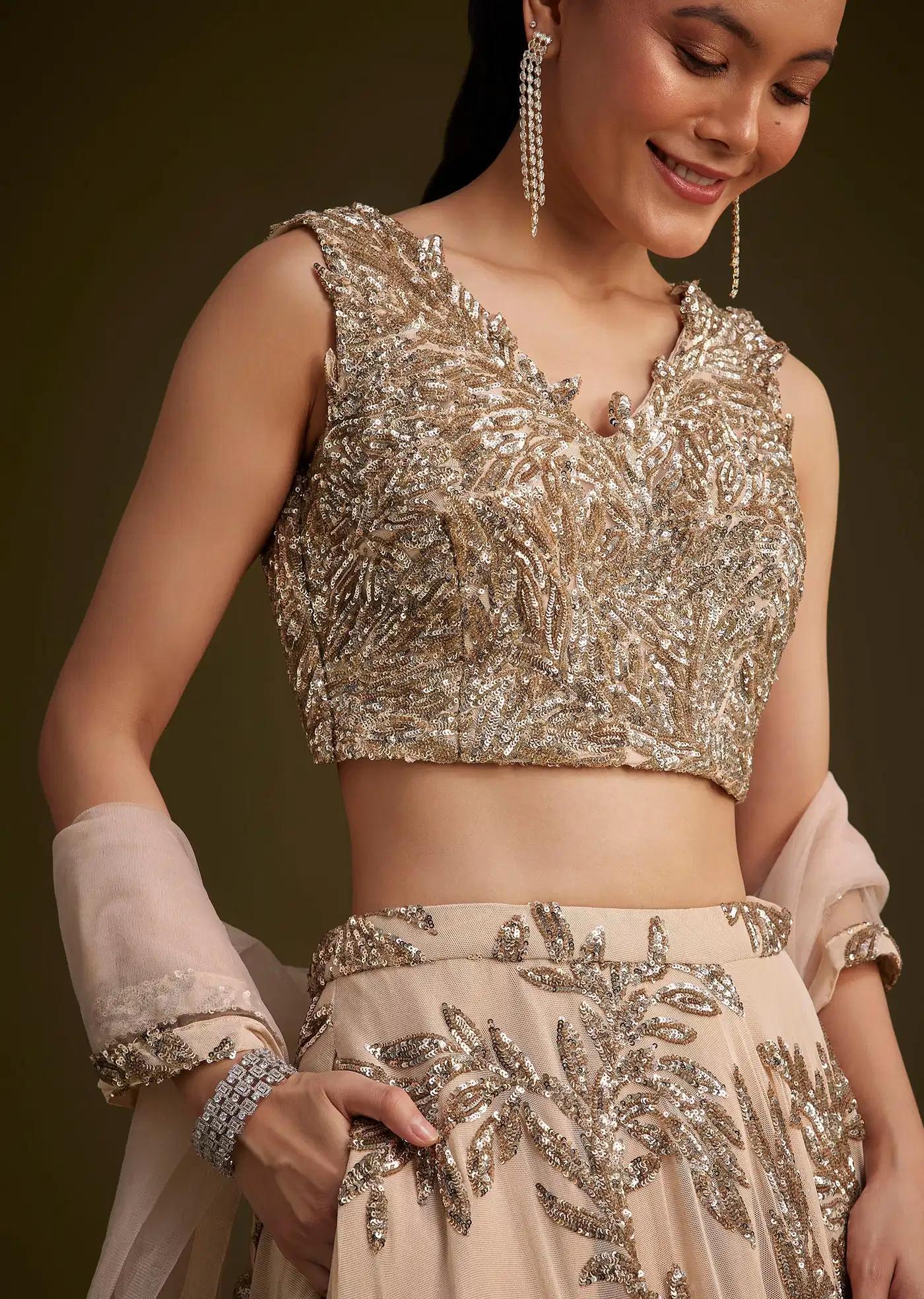 Beige Net Lehenga Skirt Ensemble Featuring Sequins Drape