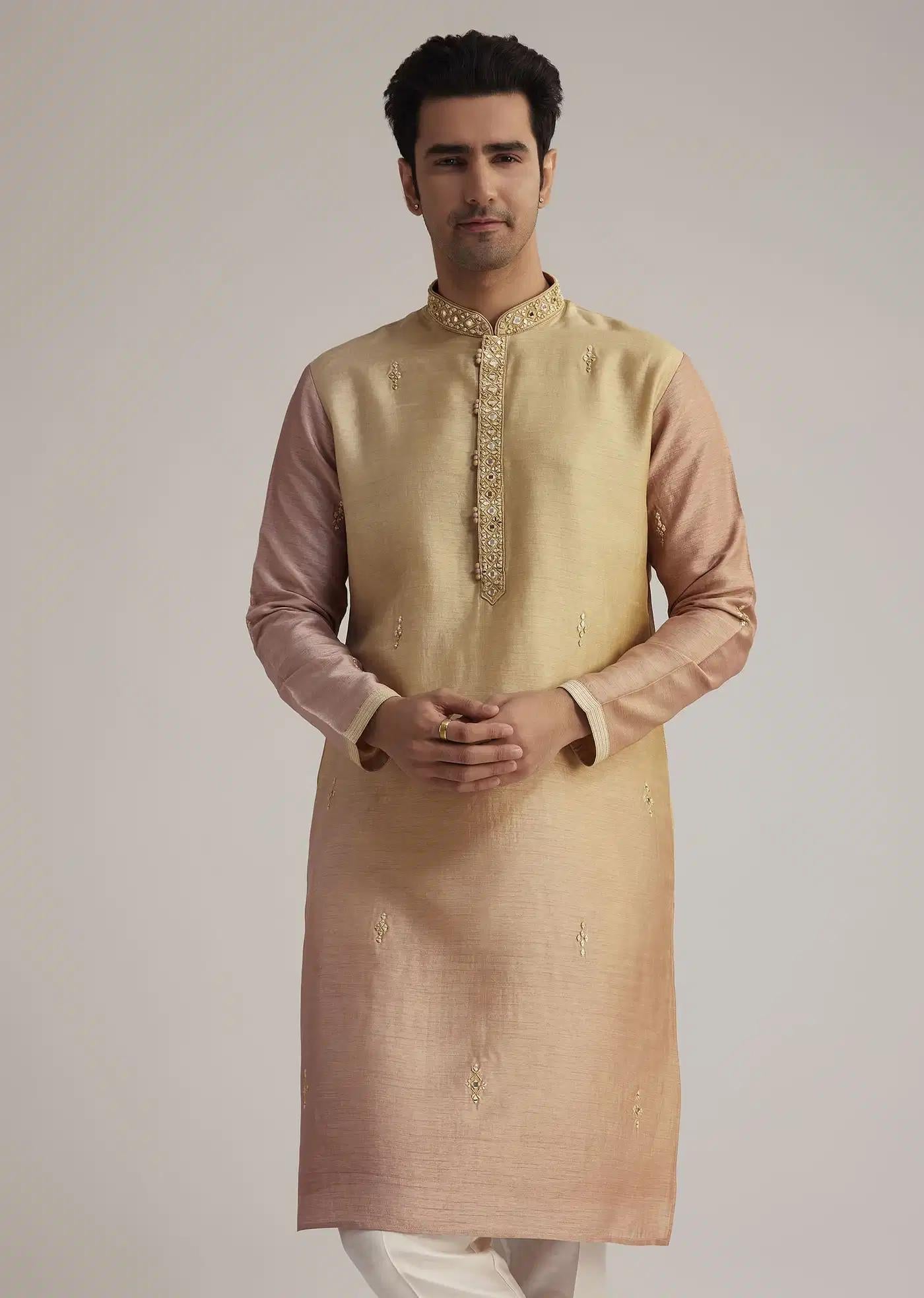 Beige Ombre Silk Kurta Set With Mirror Work Elegant Designer Kurta Sets