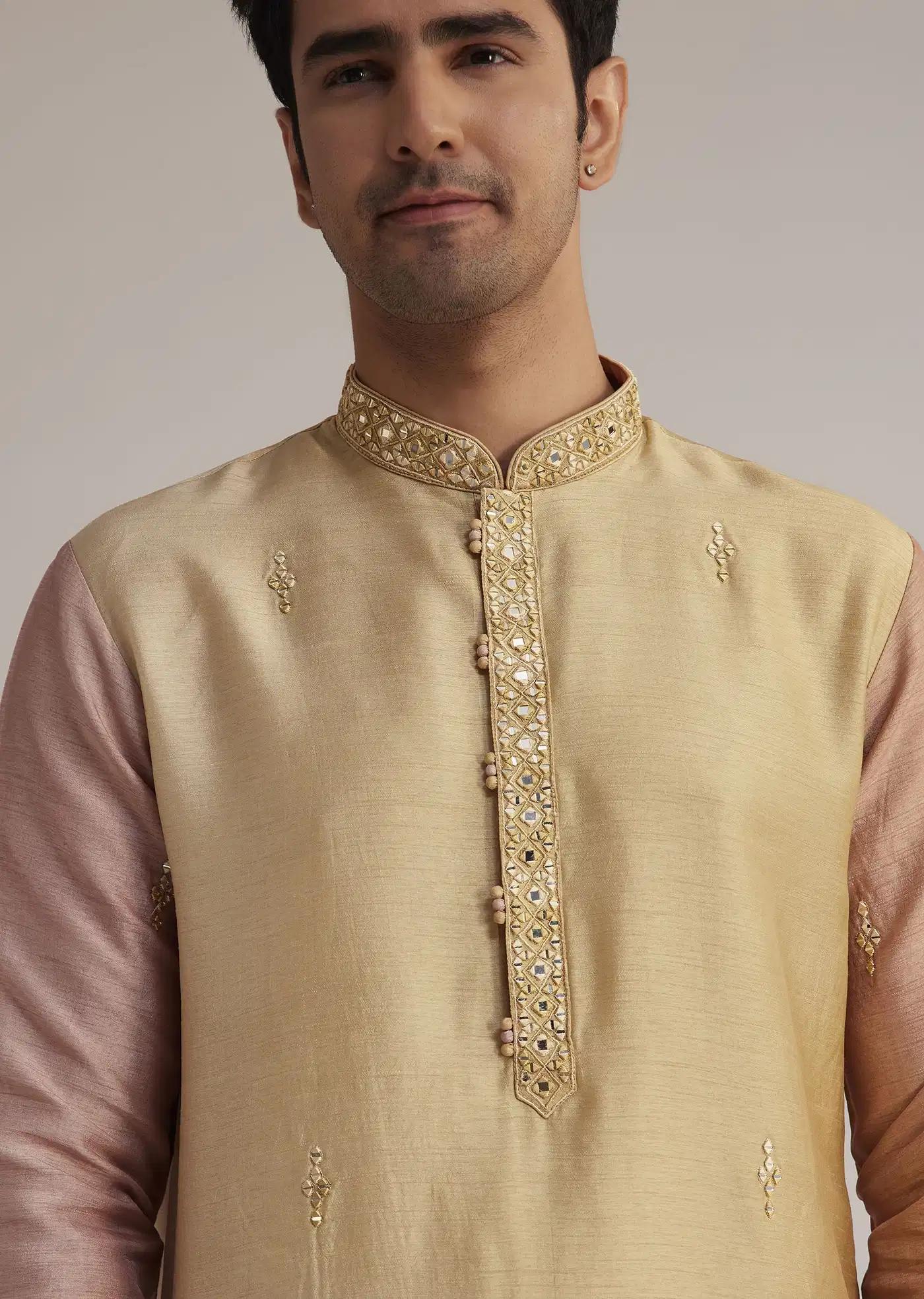 Beige Ombre Silk Kurta Set With Mirror Work Elegant Designer Kurta Sets