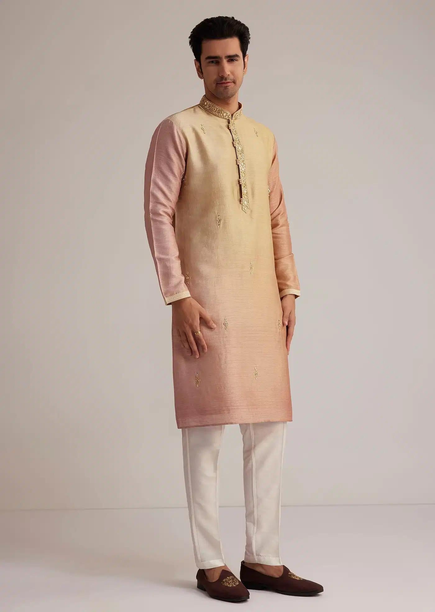Beige Ombre Silk Kurta Set With Mirror Work Elegant Designer Kurta Sets