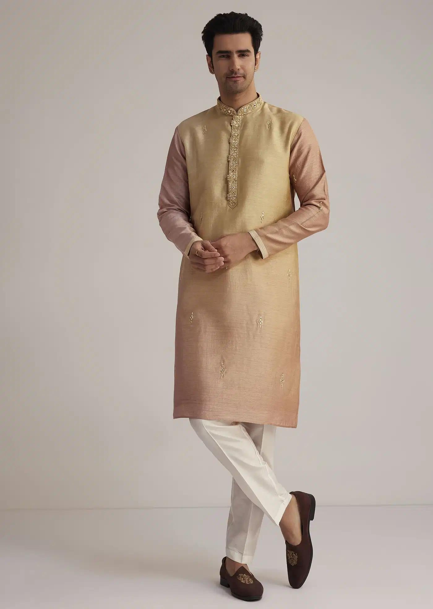 Beige Ombre Silk Kurta Set With Mirror Work Elegant Designer Kurta Sets