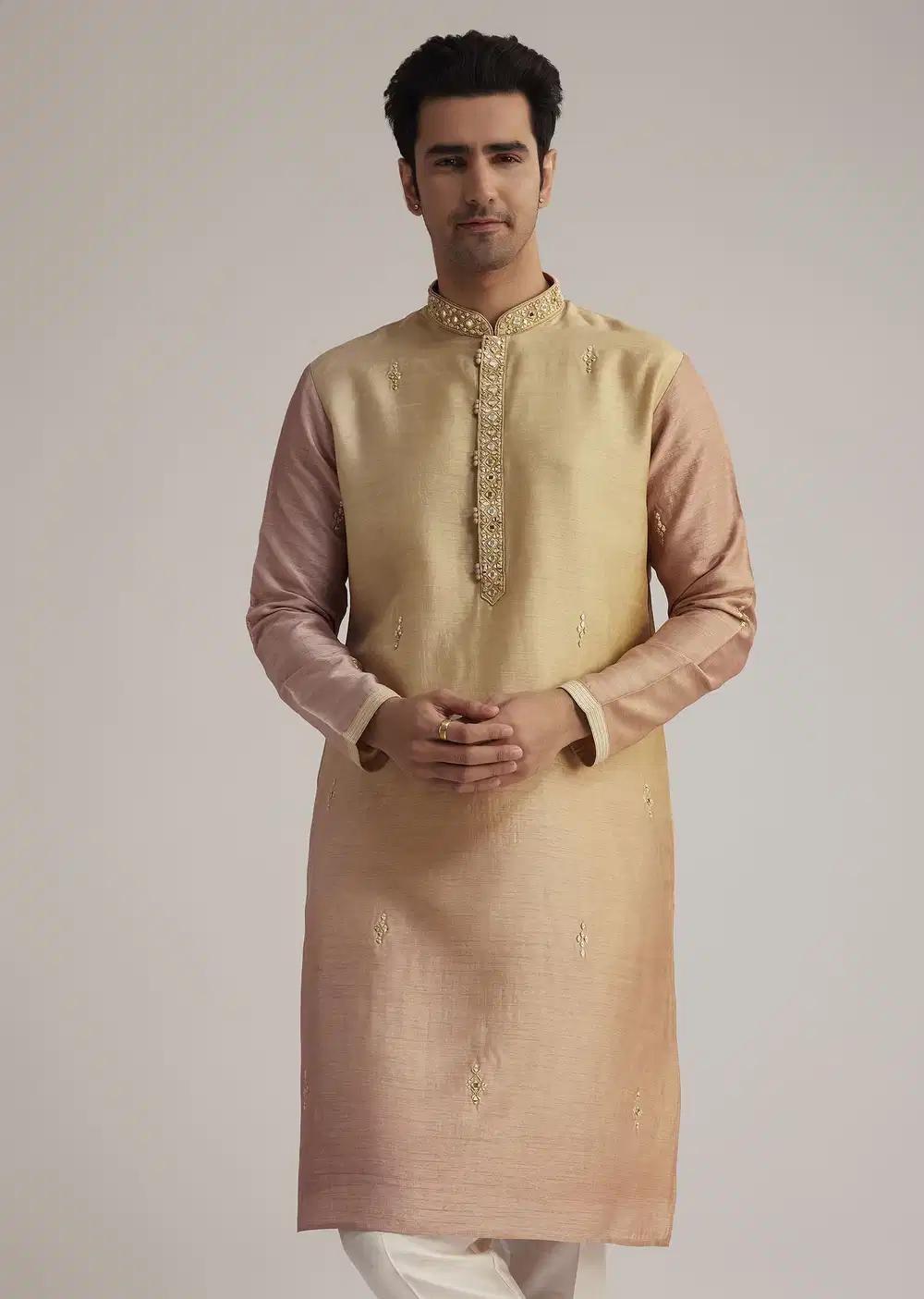 Beige Ombre Silk Kurta Set With Mirror Work Elegant Designer Kurta Sets