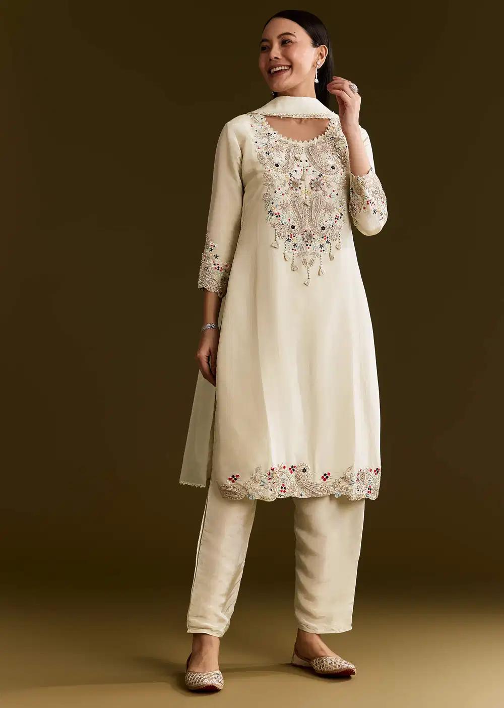 Beige Organza Embroidered Kurta Ensemble With Dupatta Outfit