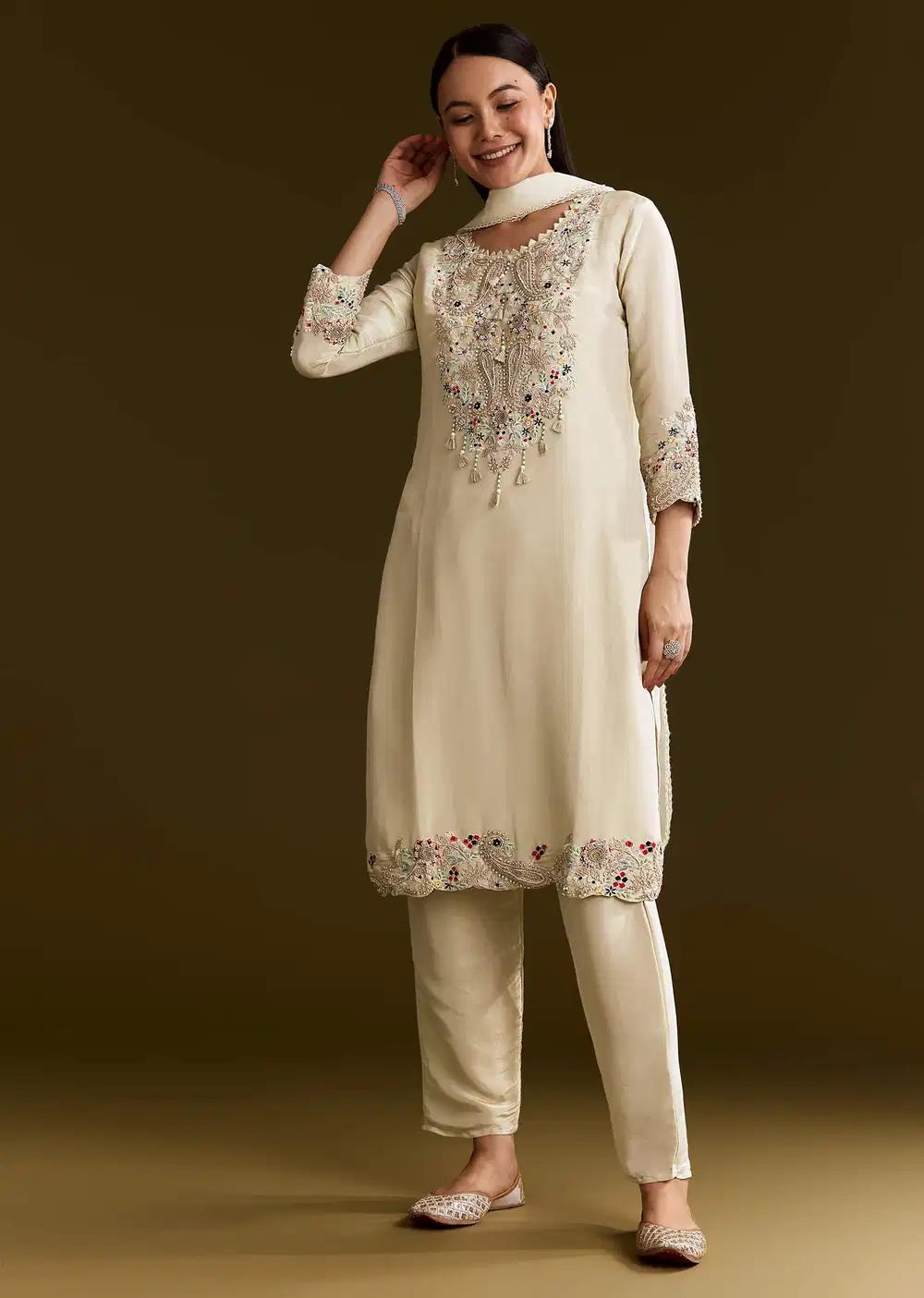 Beige Organza Embroidered Kurta Ensemble With Dupatta Outfit