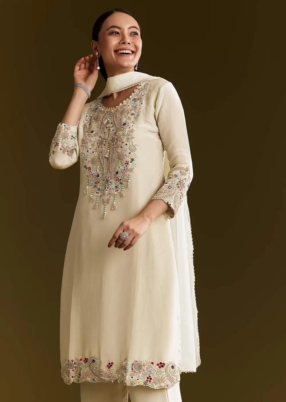 Beige Organza Embroidered Kurta Ensemble With Dupatta Outfit