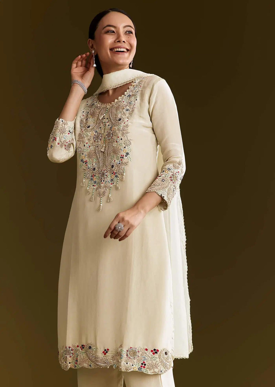 Beige Organza Handcrafted Tunic Ensemble Featuring Drape