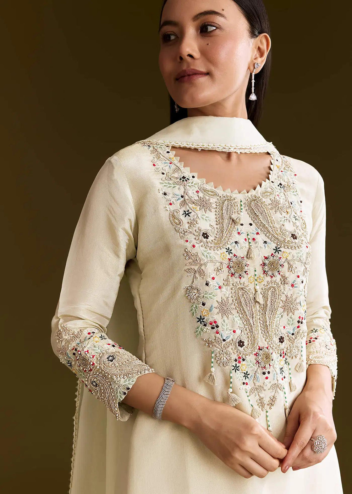 Beige Organza Handcrafted Tunic Ensemble Featuring Drape