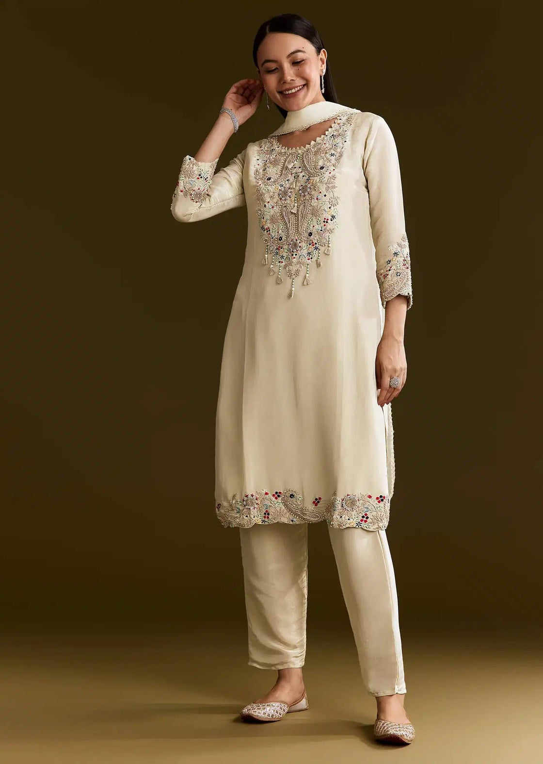 Beige Organza Handcrafted Tunic Ensemble Featuring Drape