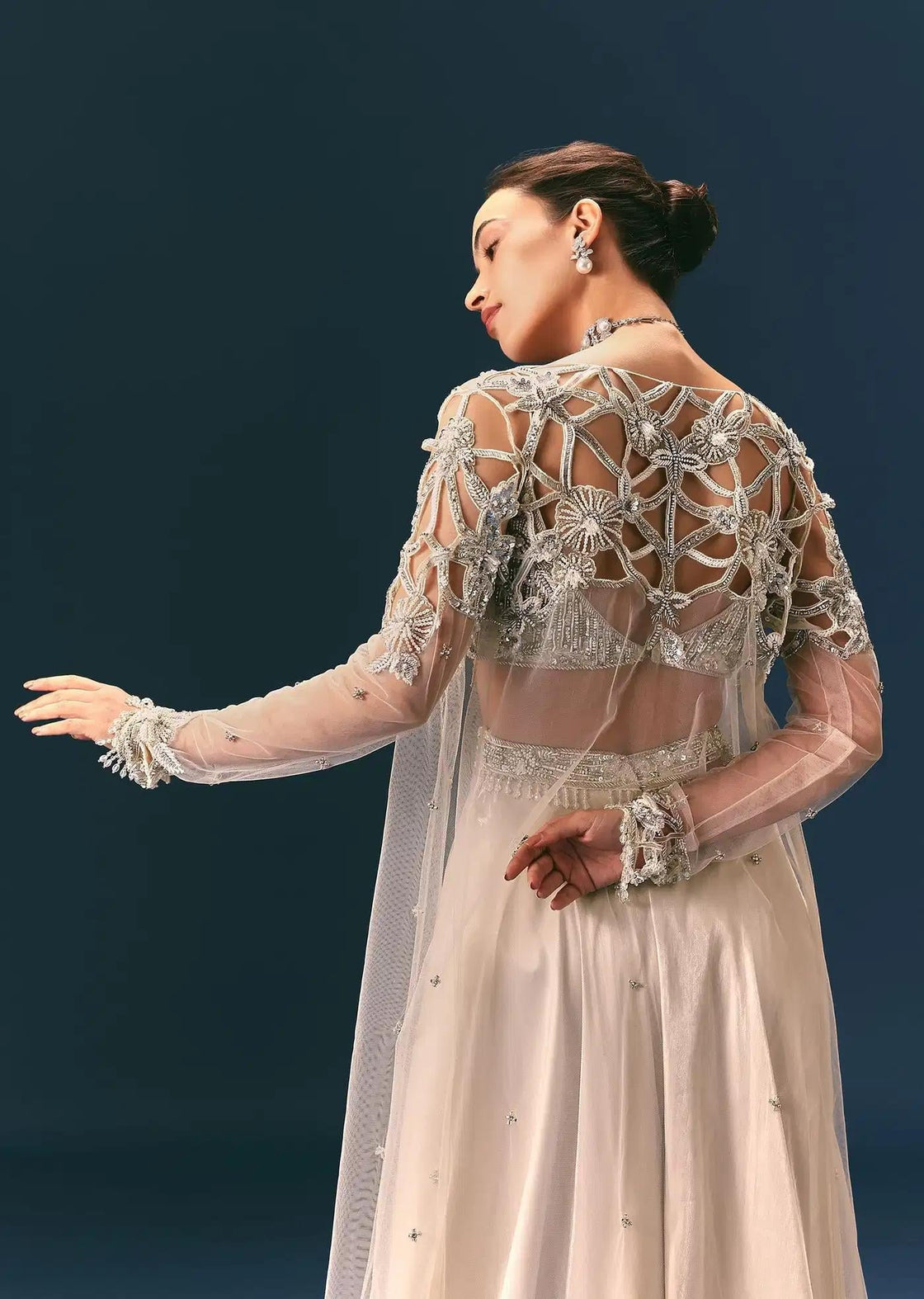 Beige Organza Palazzo Suit With Cutwork Jacket And Blouse