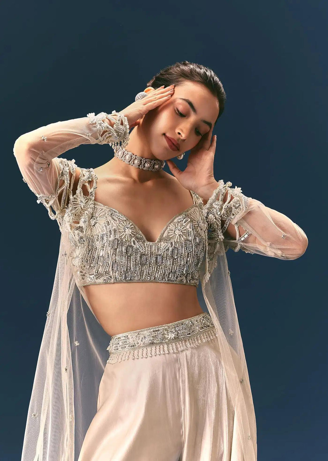 Beige Organza Palazzo Suit With Cutwork Jacket And Blouse