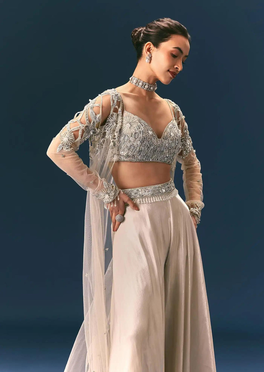 Beige Organza Palazzo Suit With Cutwork Jacket And Blouse