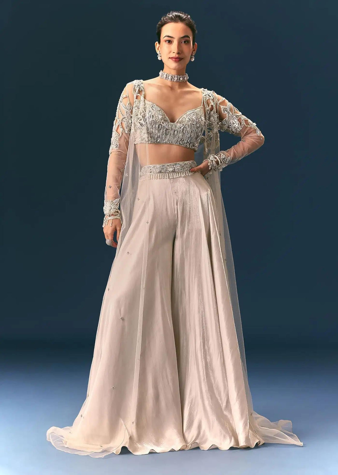 Beige Organza Palazzo Suit With Cutwork Jacket And Blouse