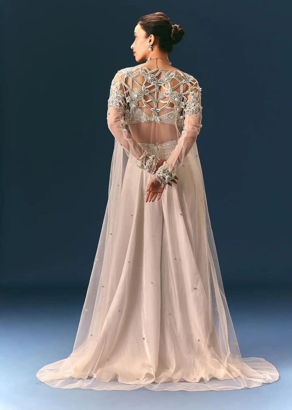 Beige Organza Palazzo Suit With Cutwork Jacket And Blouse