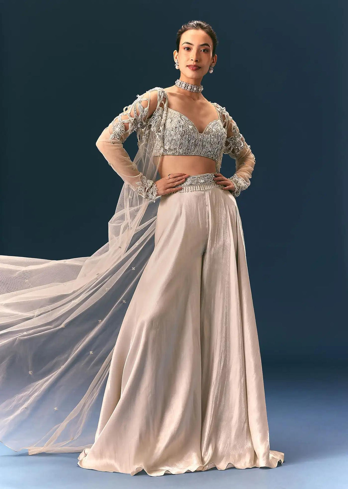 Beige Organza Palazzo Suit With Cutwork Jacket And Blouse
