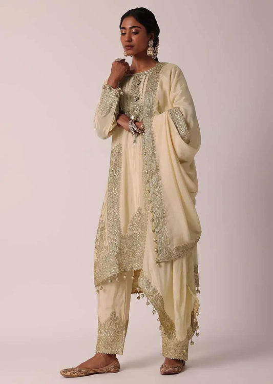 Beige Pant Ensemble With Zardozi Work Kurta Outfit