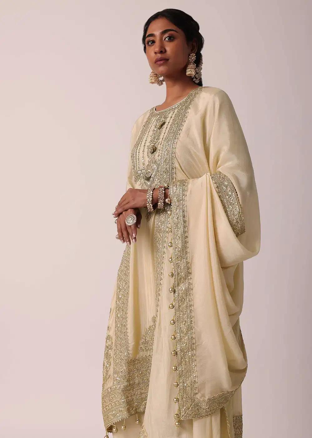 Beige Pant Ensemble With Zardozi Work Kurta Outfit
