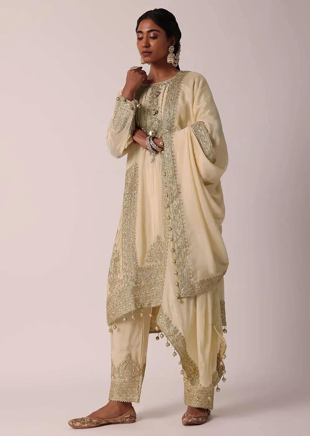 Beige Pant Ensemble With Zardozi Work Kurta Outfit