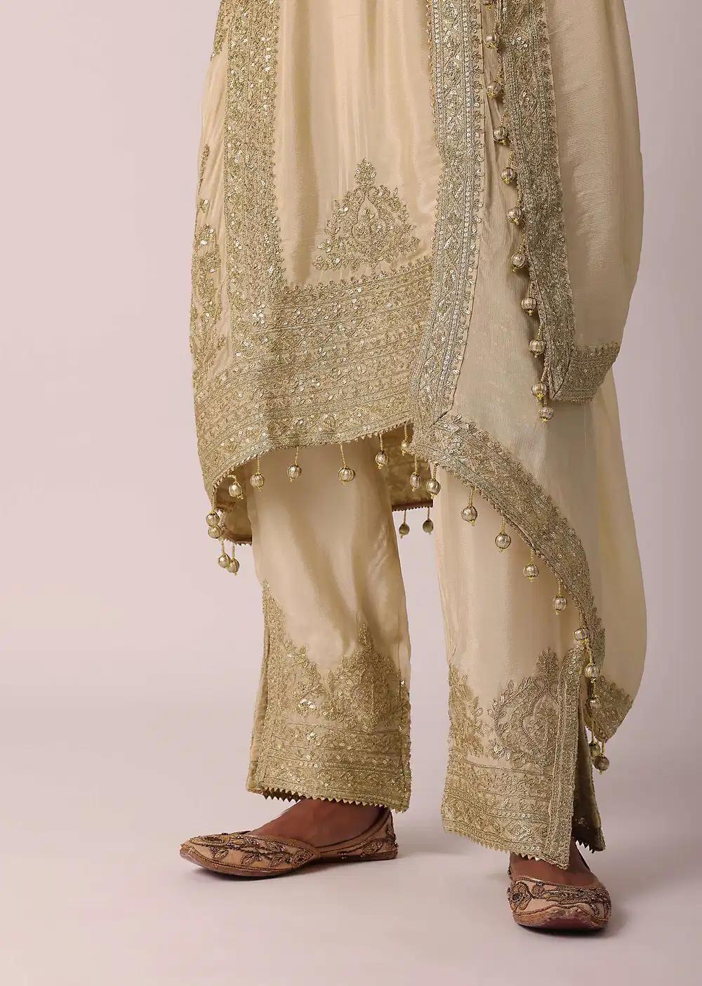 Beige Pant Ensemble With Zardozi Work Kurta Outfit