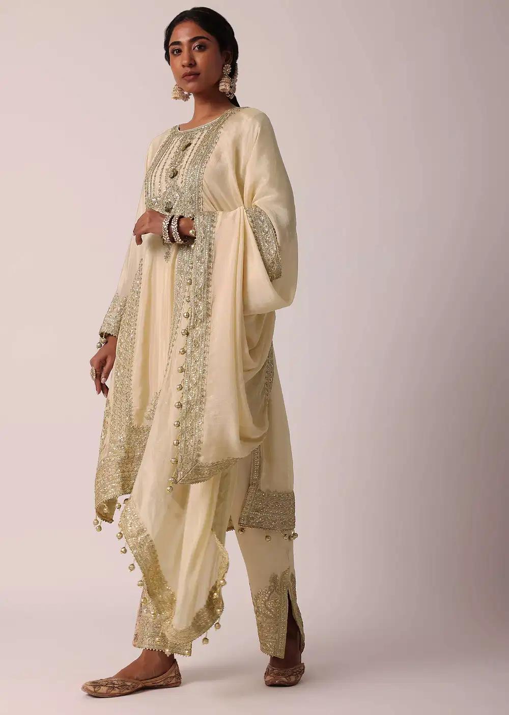 Beige Pant Ensemble With Zardozi Work Kurta Outfit