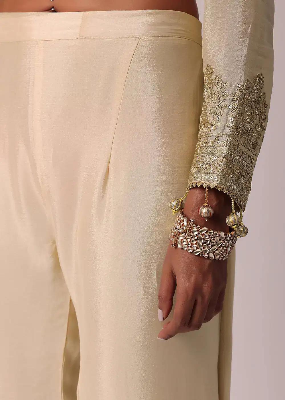 Beige Pant Ensemble With Zardozi Work Kurta Outfit