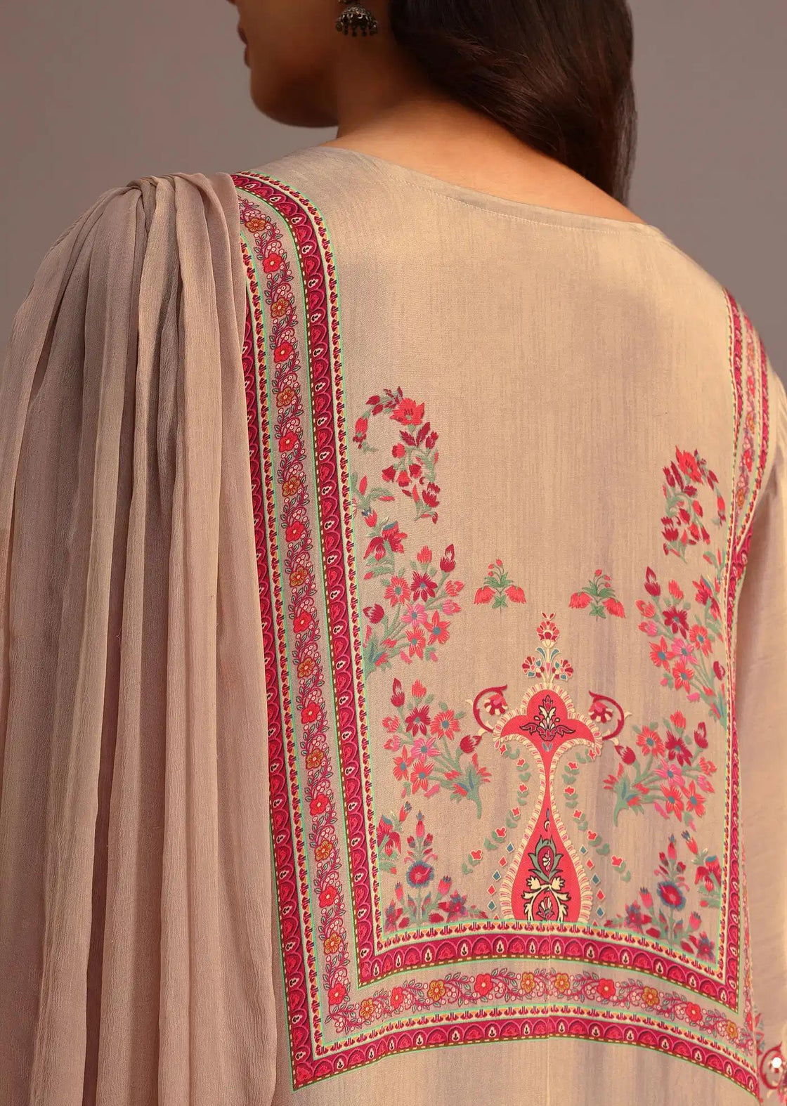 Beige Patterned Kurti Trouser Ensemble Featuring Chiffon Drape