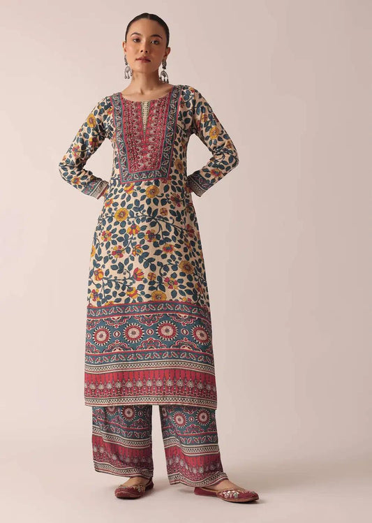 Beige Printed Kurta And Pant Ensemble Outfit