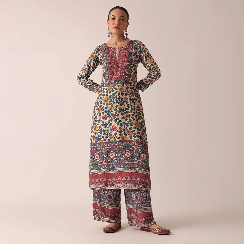 Beige Printed Kurta And Pant Ensemble Outfit
