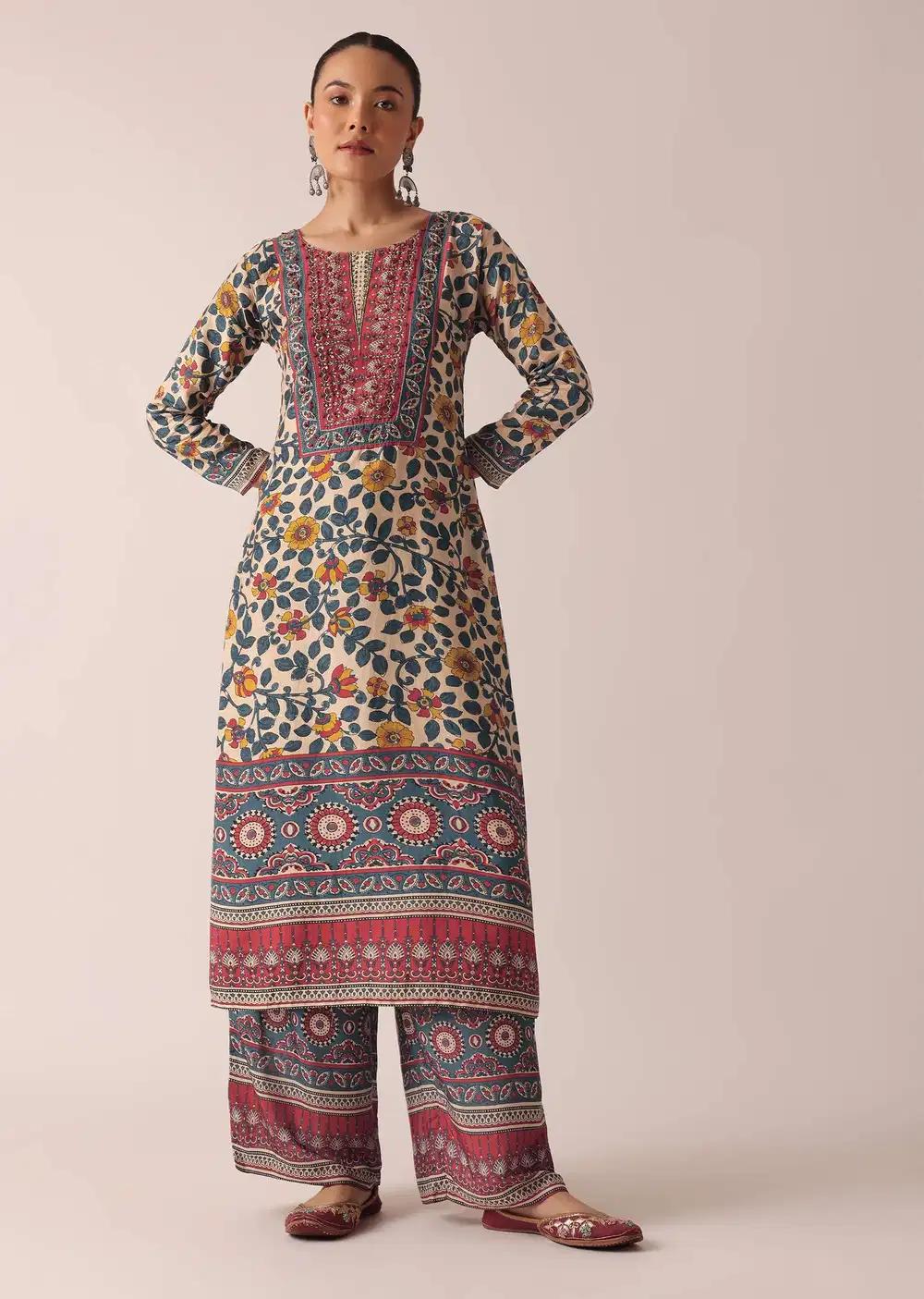 Beige Printed Kurta And Pant Ensemble Outfit